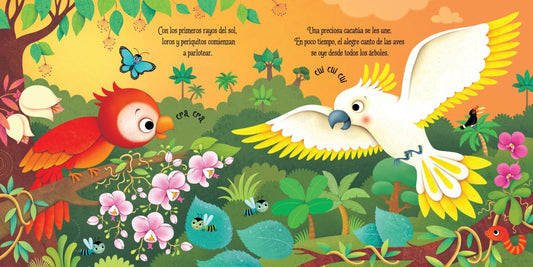 paginas del libro interactivo infantil con sonidos asi suena la selva. colorida y con dibujos infantiles de los animales de la selva amistosos en su habitad.
