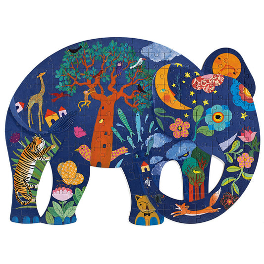 Foto del puzzle de elefante puzz'art armado, con forma de elefante y dibujos animados de naturaleza en su cuerpo con muchos colores