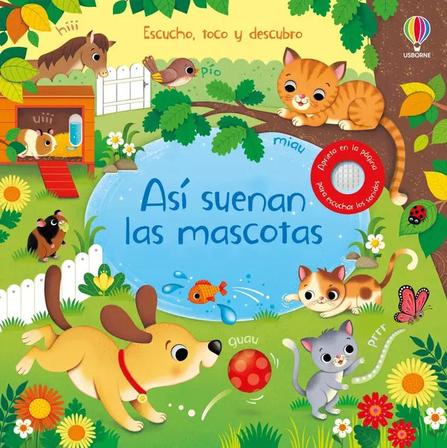 Portada del libro Así suenan las mascotas, libro sonoro infantil con 10 sonidos y páginas troqueladas