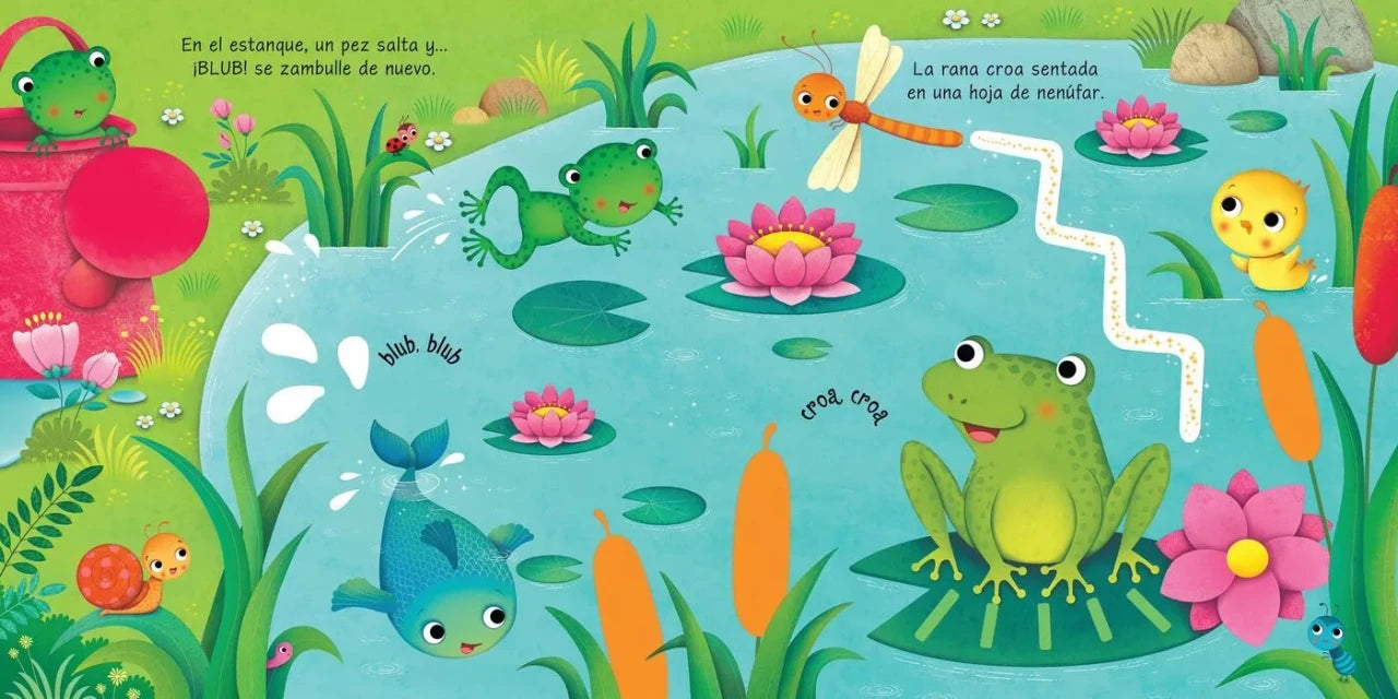 Páginas interiores del libro Así suena el jardín, ilustraciones del jardín con botones de sonido