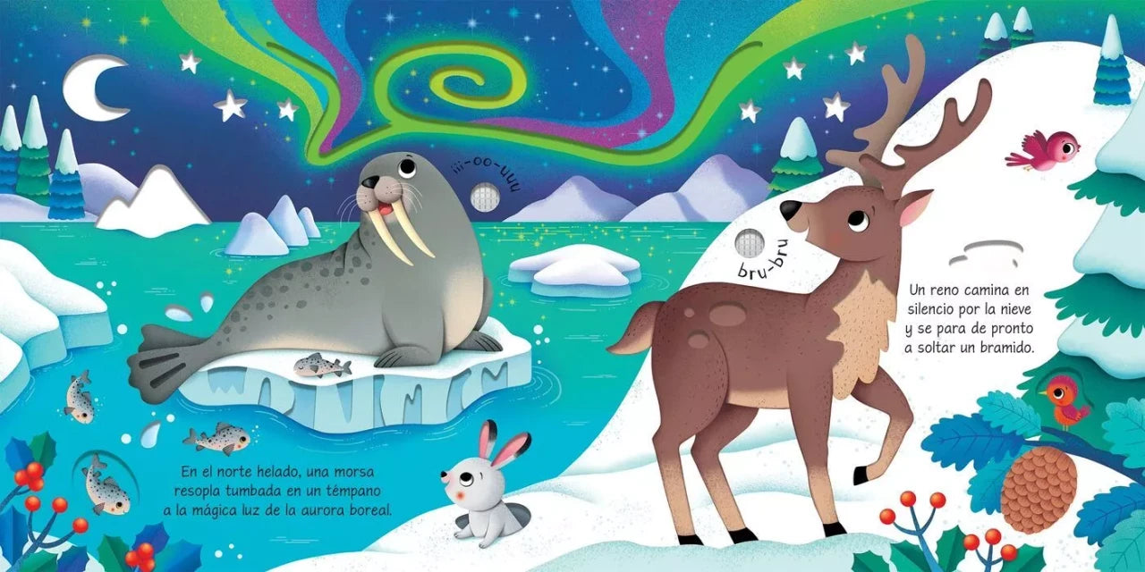 Libro Así suenan los animales salvajes, vista de páginas con ranuras, troqueles y elementos táctiles