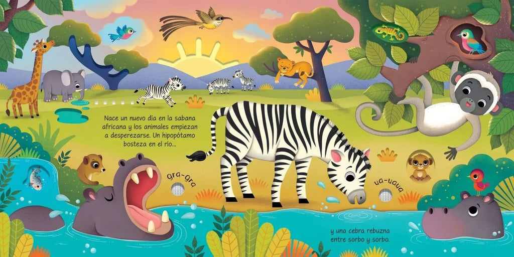 Páginas interiores del libro Así suenan los animales salvajes, botones para escuchar sonidos de animales