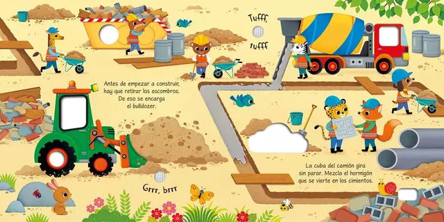 Páginas interiores del libro Así suena una obra, ilustraciones de obra con botones de sonido