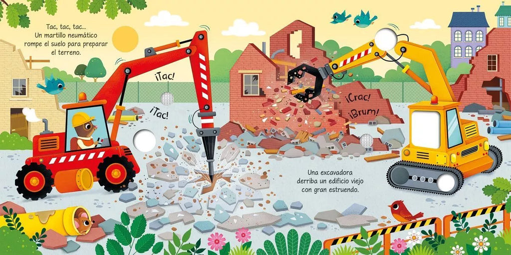 Libro Así suena una obra, detalle interior con escenas y trabajos de construcción para niños