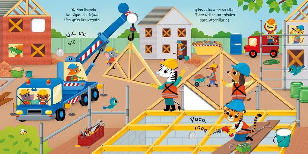 Detalle del libro Así suena una obra, botones de sonido y páginas ilustradas para bebés