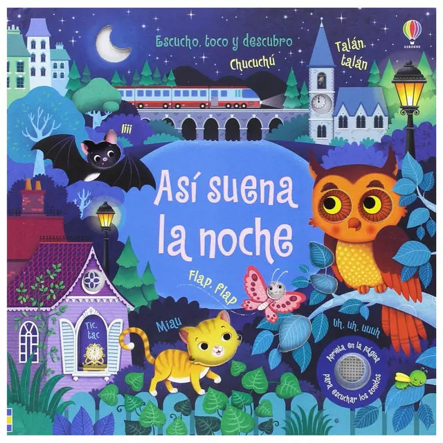 Portada del libro Así suena la noche, libro sonoro infantil con botones, texturas y troqueles