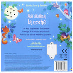 Libro Así suena la noche, vista de páginas con troqueles y elementos táctiles para bebés