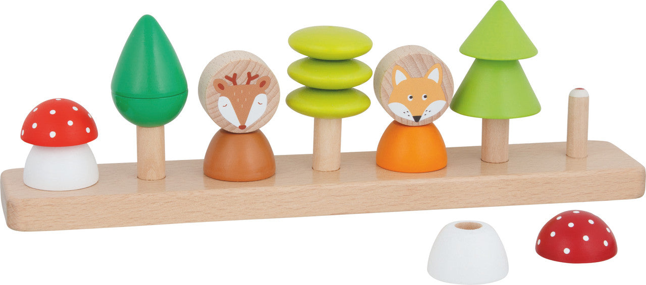 Juego Bosque Apilable Goki de madera con zorro, ciervo, árboles y hongos, clasificación de colores y formas