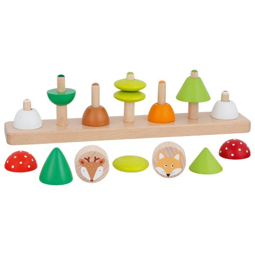 Bosque Apilable Goki, detalle de piezas de madera de colores para apilar y ordenar