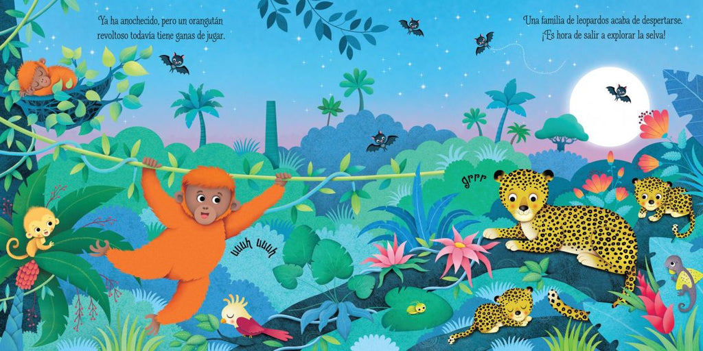 paginas del libro interactivo infantil con sonidos  asi suena la selva. colorida y con dibujos infantiles de los animales de la selva amistosos en su habitad.