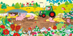 paginas del libro interactivo infantil con sonidos asi suena la granja. colorida y con dibujos infantiles de animales de la granja amistosos en su habitad.