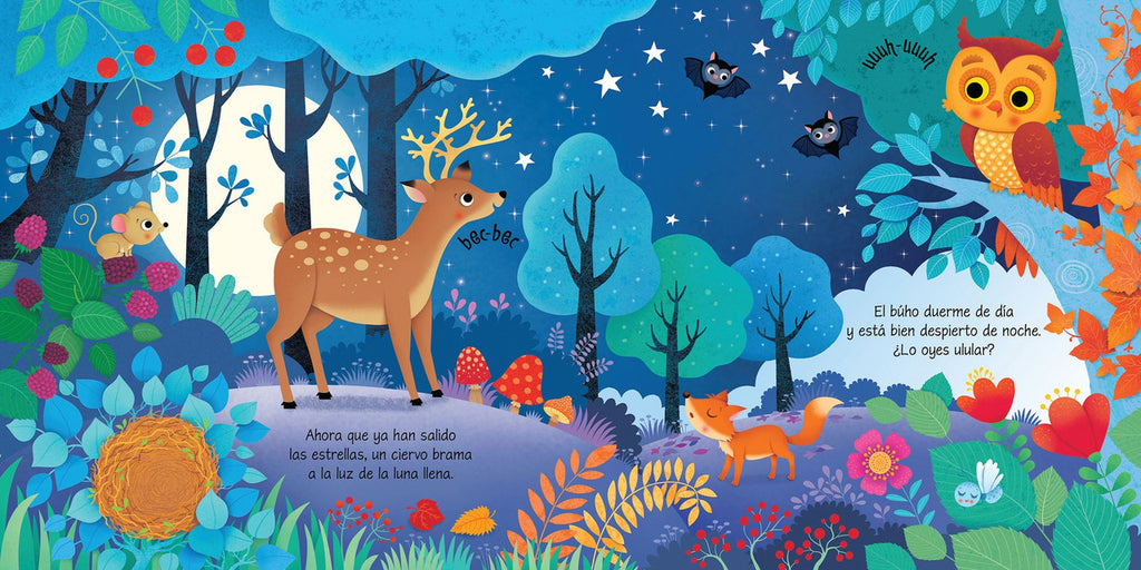 paginas del libro interactivo infantil con sonidos asi suena el bosque. colorida y con dibujos infantiles de animales del bosque amistosos en su habitad.