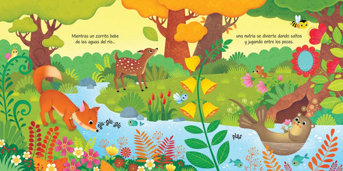 paginas del libro interactivo infantil con sonidos asi suena el bosque. colorida y con dibujos infantiles de animales del bosque amistosos en su habitad.