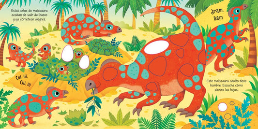 paginas del libro interactivo infantil con sonidos asi suenan los dinosaurios. colorida y con dibujos infantiles de dinosaurios amistosos en su habitad.