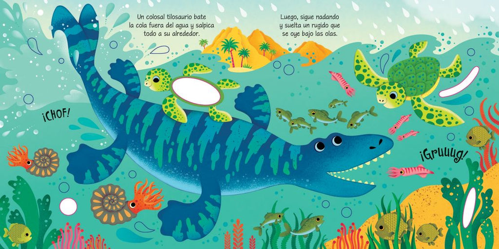 paginas del libro interactivo infantil con sonidos asi suenan los dinosaurios. colorida y con dibujos infantiles de dinosaurios amistosos en su habitad.