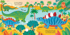 paginas del libro interactivo infantil con sonidos asi suenan los dinosaurios. colorida y con dibujos infantiles de dinosaurios amistosos en su habitad.