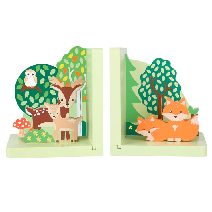Sujetalibros de madera Woodland Animal Orange Tree, escena de bosque, imagen 1