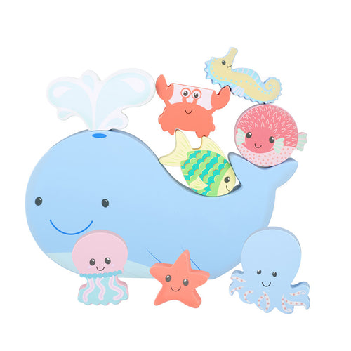 Juego de equilibrio de madera Ballena y animales marinos, apilable, piezas coloridas para niños