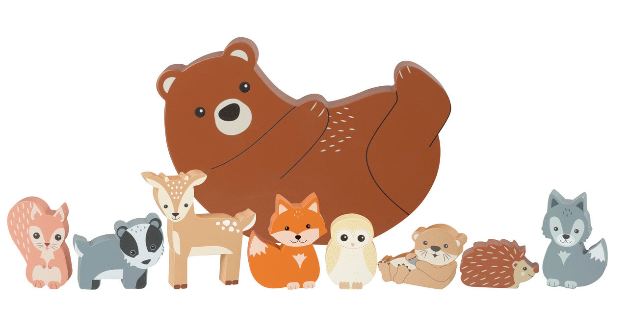 Juego de equilibrio de madera Oso y animales del bosque, apilable, vista principal del set