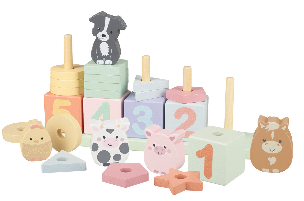 Juego para contar animales de granja de madera, bloques numerados y figuras, aprendizaje de números hasta 5