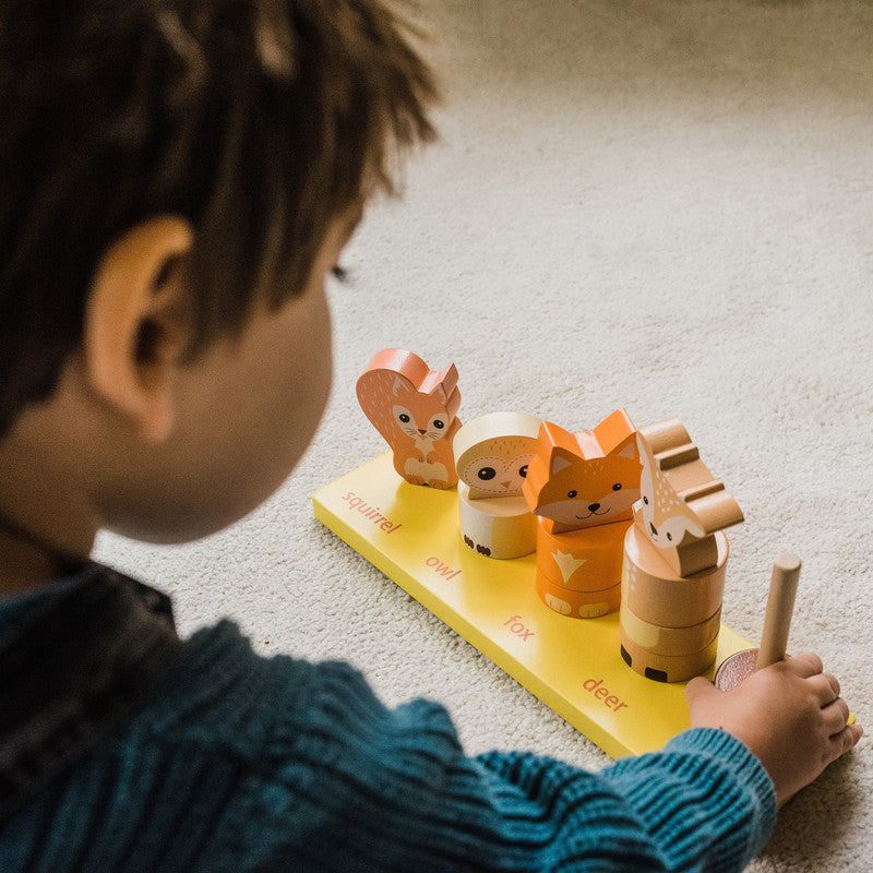 Juego de conteo de madera Animales del bosque, set de 15 piezas apilables, vista principal