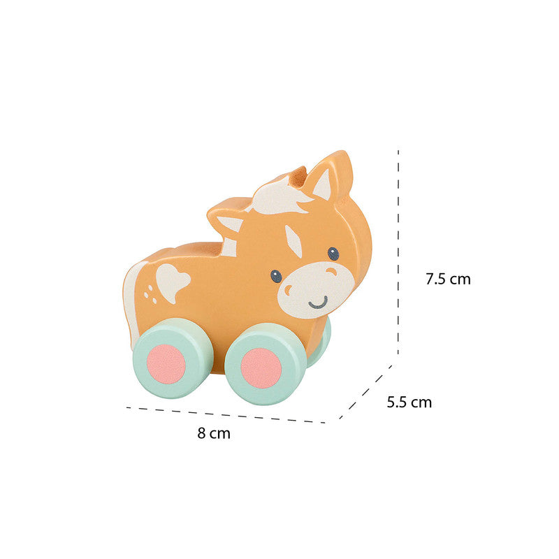 Caballo con ruedas de madera, medidas del producto, primer juguete para empujar