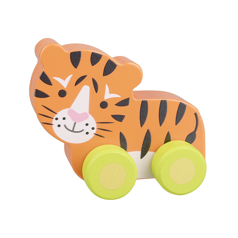 Tigre con ruedas de madera para empujar, Orange Tree Toys, juguete para motricidad y juego imaginativo