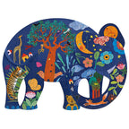 Foto del puzzle de elefante puzz'art armado, con forma de elefante y dibujos animados de naturaleza en su cuerpo con muchos colores