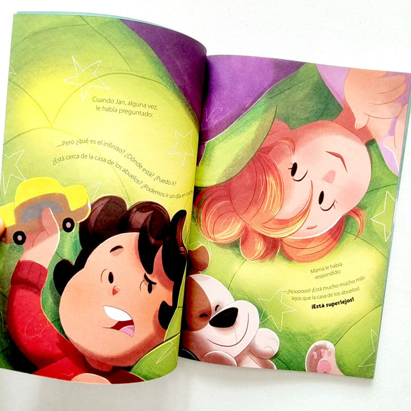 Detalle interior del libro Infinito ida y vuelta, ilustraciones a color para leer en familia