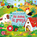 portada del libro interactivo infantil con sonidos asi suena la granja. Portada colorida y con dibujos infantiles de animales de la granja amistosos en su habitad.