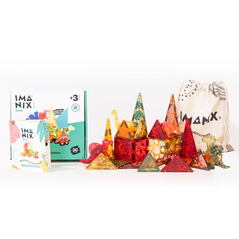 IMANIX Dino 30, detalle de dinosaurios magnéticos y piezas para construir, juego de imaginación